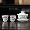 Juego de Té Gaiwan de Tres Piezas con Tazón Único para Infusión, Gaiwan de Porcelana Blanca Kung Fu, Juego de Té de Cerámica con Tapa y Tazas de Degustación para Dos Tazas