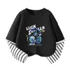 Camiseta Manga Longa Infantil para Meninos Estilo Casual Desenho Animado Bebês Meninos Primavera e Outono Gola Redonda Falsa Duas Peças Top Solto Algodão Puro
