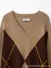 Colección de otoño para mujer transfronteriza: Estilo europeo y americano, moderno, corte holgado, suéter de punto con patrón de rombos retro 2893148