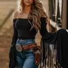 Camiseta de Mujer de Hombros Descubiertos con Borlas Estilo Western Vintage