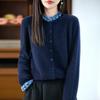 Cardigan de Punto de Lana Pura con Volantes, Cuello Redondo, Manga Larga, Diseño de Bloques de Color, Suéter Superior de Lana, Nuevo Otoño/Invierno 2025