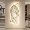 Pintura Decorativa Transfronteiriça de Luxo Leve com Pena para Hall de Entrada com Relógio Pintura de Parede de Corredor de Alto Padrão com Luz LED Mural para Hall de Entrada