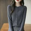 Cardigan Tricotado de Lã Worsted Cor Sólida Feminino Gola Redonda Suéter de Corpo Inteiro Torcido Solto Casual Jaqueta Casual Versátil