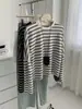 Camiseta de manga longa de algodão com toque de linho, listrada e color-blocking, estilo coreano relaxado, para mulheres, blusa básica casual de gola redonda curta para o outono