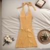 Vestido Curto de Tricô Liso com Costas Nuas e Decote em V Halter para Mulheres, Verão, Ajustado ao Corpo, Estilo Puro Desejo, Bodycon que Marca a Cintura