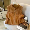 Nuevo chaleco de ante sin mangas de moda estilo coreano color caqui oscuro café para mujer