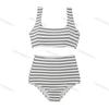 Oferta especial] Traje de baño para mujer, bikini retro dividido a rayas, cintura alta, que cubre el vientre, bikini de playa Ins Wind