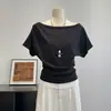 Top Casual y Elegante de Bloques de Color a Rayas Off-Shoulder Falso Dos Piezas de Manga Larga con un Diseño de Moda para Otoño, Versátil Top de Manga Corta de un Hombro