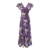 Elegante e Romântico Vestido Floral Estilo Francês com Mangas Curtas Leves, Acabamento em Renda, Decote em V, Ajuste na Cintura para Afinar, Vestido Longo para Férias
