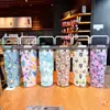 Copo Térmico de Aço Inoxidável Portátil à Prova de Vazamento para Uso Externo com Padrão Floral, Alça Rígida e Duas Opções de Beber, Personalizável para Atacado
