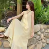 Vestido amarelo sem mangas de alça extremamente bonito, novo 2026 verão férias na praia novo vestido longo estilo chinês, roupa de maternidade