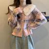 Cardigan Jacket con Cuello Peter Pan 2024 Primavera Nuevo Encaje Empalmado Diseño para Mujer Reductor de Edad Tejido de Manga Larga