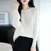 Blusa tejida semitransparente nueva para mujer con protección solar, diseño hueco, manga de tres cuartos, estilo coreano, corte holgado suave con ribete de encaje y cuello redondo para usar como prenda exterior