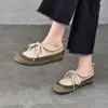 Mocasines Suaves de Piel de Vaca Zapatos Planos para Mujer 2026 Primavera/Verano Nuevos de Piel Genuina Punta Redonda Zapatos de un Solo Color Bloque de Color con Cordones Zapatos Casuales