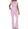 Conjunto de Yoga Rosa Ajustado para Mujer Pantalones de Tiro Alto con Cordón Microcampana Manga Corta Ropa Deportiva de Fitness Conjunto de Dos Piezas Adelgazante