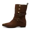 Fivela de Cinto Estilo Coreano Botas Curtas Femininas 2026 Nova Coleção Outono Inverno Bico Fino Couro Fosco Salto Baixo Versátil Botas de Motociclista Botas Fashion