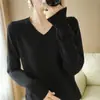 Top Feminino Simples Pequeno Gola V Camiseta Atacado Versátil Emagrecedor Temperamento Camada Base Primavera Outono Manga Longa Preto Feminino Algodão