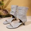 2025 primavera y otoño nueva moda punta redonda tacón alto sandalias zapatos de mujer tela tacón fino sandalias talla grande comercio exterior