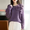 2025 Novo Outono e Inverno Malha Amiga da Pele Gola Redonda Manga Longa Feminina Flor Estéreo Solto Pulôver Camisa Base Top