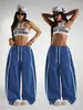 Pantalones de chándal anchos de estilo retro americano para mujer, con doble raya blanca, cordón, cintura elástica, casual, largos, para street dance hip-hop