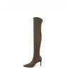 Botas altas europeas y americanas para mujer, populares botas ajustadas de otoño e invierno, botas de caña alta, tacones de aguja de punta fina, botas elásticas que estilizan