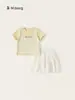 Conjunto de Ropa Infantil Bangxuan para Niñas, Falso Dos Piezas de Encaje con Mangas Cortas, Vestido Blanco de Malla Estilo Pastel, Conjunto de Dos Piezas Moderno para Niños Mayores