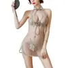 Lencería Seductiva con un Atractivo Sexy, Atrevido Camisón Transparente de Malla con Escote Halter Apasionado, Atractivo Qipao Bordado para Mujer