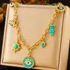 Moda Retro Cross-border Novo Azul Turquesa Amor Sol Mang Estrela Gota Óleo Olhos Pingente Corrente Aço Inoxidável Colar