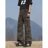 Jeans de hombre estilo retro americano lavados y desgastados, primavera/verano, pierna recta holgada, ligeramente acampanados, pantalones camuflados adelgazantes