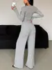 Amazon Comercio Transfronterizo Europa y América Comercio Exterior Nuevo Estilo Traje de Mujer Cuello en V Profundo Casual Manga Larga Top Corto Pantalones Largos Sueltos Traje