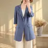 Foto real de blazer de algodón y lino vintage 2026 para mujer, nuevo estilo primavera-verano, mangas tres cuartos, longitud media, traje casual versátil