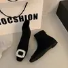 Botas curtas pretas estilo Chanel com fivela quadrada de strass, zíper traseiro, femininas, novo estilo Outono/Inverno 2026, emagrecedoras, com forro de veludo, elásticas, justas