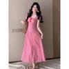 Vestido de Patchwork de Encaje de Lunares Estilo Dulce de Verano con Lazo para Mujer Cintura Ceñida Falda Larga de Línea A Venta al Por Mayor Transfronteriza