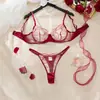 Conjunto de lencería al por mayor de comercio exterior color vino tinto, estilo europeo y americano, diseño de tres piezas, diseñado para realzar el escote, sensual y seductor, estilo puro y deseable