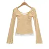 Xz2583-25 Outono Novo Estilo Coreano Grosso Início do Outono Listrado Slim Falso Duas Peças Camiseta Básica Casual