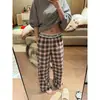 Pantalones de Pijama a Cuadros Bloque de Color Estilo Casual Perezoso Sueltos de Pierna Ancha para Mujer, Nuevos de Primavera Talla Grande Rectos Cómodos para Estar en Casa