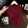 Blusa de Tricô Elegante de Gola V Manga Longa Slim Fit Nova para Mulheres, Fina Estilo Coreano Cor Café, Emagrecedora, Primavera e Outono 2026