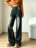 Calça jeans solta, levemente flare, para mulheres, nova coleção de outono, apresentando um design retro americano, acabamento lavado e desgastado, e um estilo de cintura alta e perna larga.