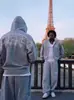 Cárdigan con Cremallera y Capucha de Terciopelo Gris Estampado Hip-Hop Callejero Americano de Alto Peso Saco de Traje de Marca de Moda para Hombre
