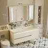 Gabinete de baño con lavabo integrado de piedra chapado en oro de lujo ligero estilo italiano, juego de tocador para baño