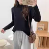 Suéter de Punto Casual Versátil para Mujer 2025, Nuevo Estilo, Corte Delgado, Color Sólido, con Borde Rizado y Canalé Vertical, Cuello Semi Alto