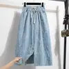 Foto Real da Saia Jeans Elegante de Cintura Alta Plissada Estilo Coreano Tendência Primavera e Verão Longa Acima do Joelho para Mulheres Algodão