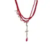 Collar Multicapa con Colgante de Cruz en Forma de Serpiente con Cuentas de Cristal Rojo para Mujer Gargantilla de Personalidad de Moda Cadena para Clavícula de Chica Popular
