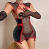 Mono de Tres Piezas Sexy con Recortes Transparente de Malla y Cuero para 2025, Transfronterizo Europeo y Americano, Moldeador de Cuerpo, con Guantes