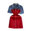 Vestido feminino estilo coreano, falso duas peças, retrô, jeans, manga curta, design de costura, zíper, corte justo, curto, com temperamento