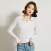 Camiseta de manga larga casual para mujer, color liso, acanalada, con cuello polo, corte ajustado, de lana hilada fina, marca Yangtze Yarn (Alemania)
