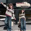 Conjunto de Dos Piezas para Niñas Otoño: Cárdigan de Punto Rayado y Jeans, Nuevo Estilo 2026, Conjunto de Pantalones de Pierna Ancha de Cintura Alta para Niños Medianos y Grandes