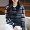 Novo Suéter de Lã 100% Outono e Inverno Feminino Gola Polo Botões Meio Aberto Manga Longa Suéter Listras Contrastantes Retrô