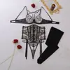 Conjunto de lencería sexy de dos piezas, de punto transparente bordado con alta artesanía, cuero PU empalmado, de lujo ligero transfronterizo europeo y americano, con forma ajustable