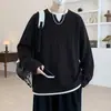 Moletom com Gola Redonda Falso Duas Peças Masculino Cinza Malha Canelada Solto Pulôver Camada Base Adolescente Tendência Top